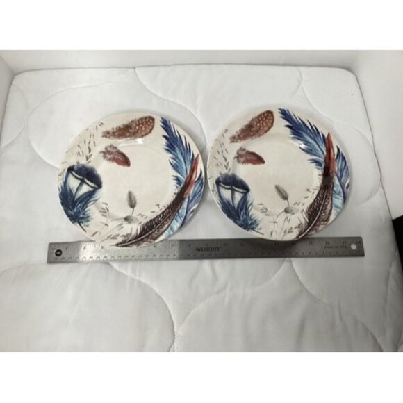 Pier 1 Imports Set Of 2 Stoneware Feather Plates Dinner Salad Round 8.5” Boho - Picture 5 of 5